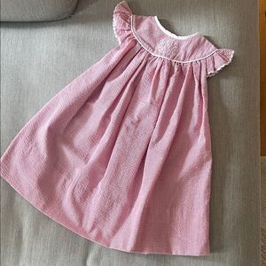 Red Seersucker Girls Dress with White Trim